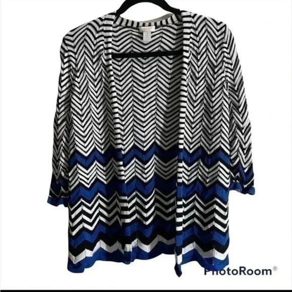 💥 Chico’s chevron print white/blue/black open front cardigan - Picture 1 of 6